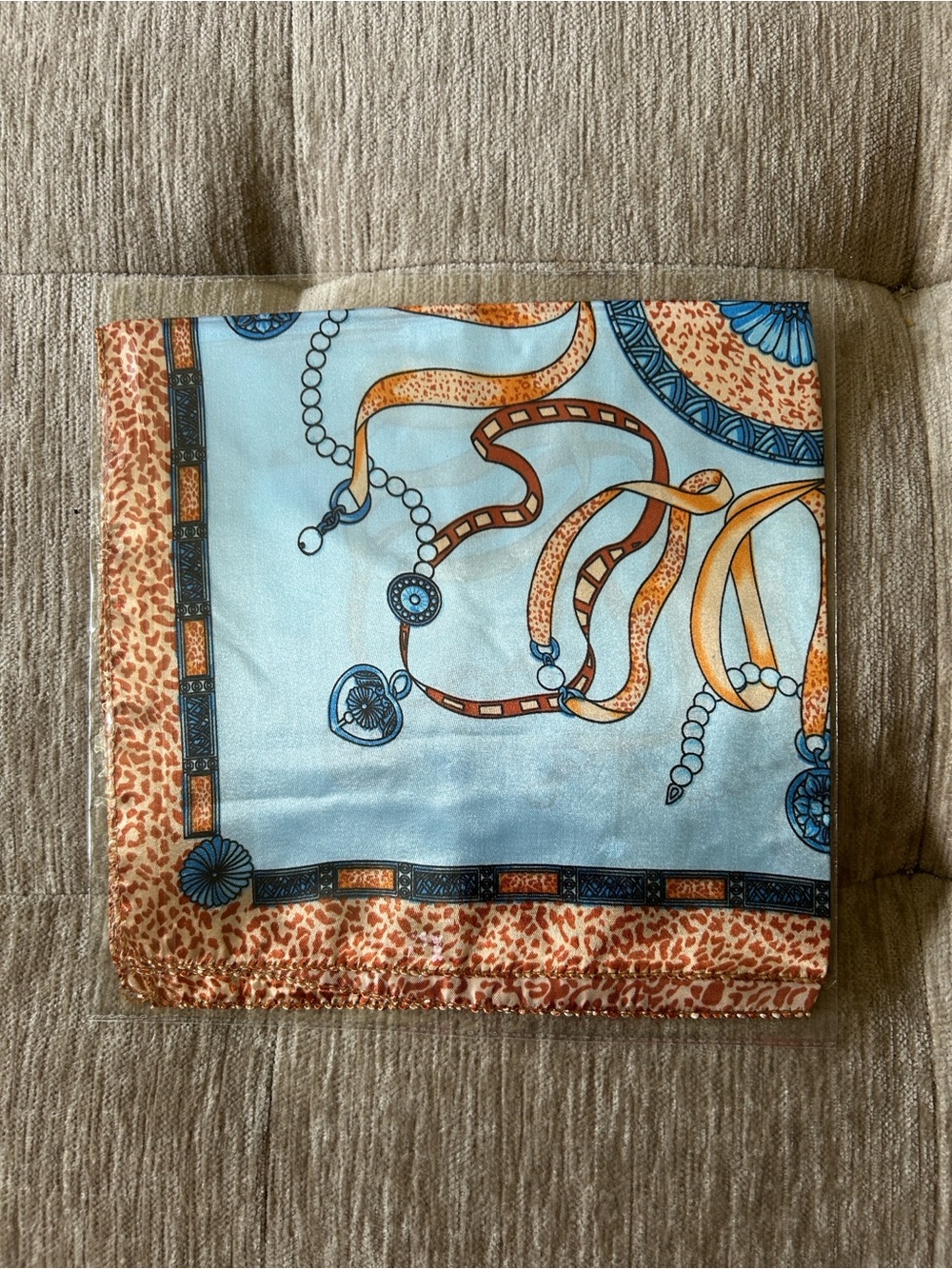 NEW Light Blue & Orange Scarf with Nautical Chain Motif - Picture 2 of 2